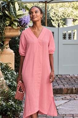 LAKE Cotton Gauze Kaftan Pink Midi Dress XL